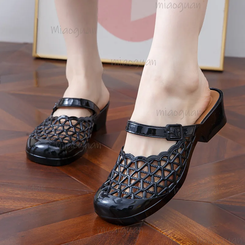 

High Heeled Mesh Sandals Baotou Half Slippers PVC Plastics Summer Women Outside Wear Slipper Casual Breathable Hollow Out Shoes