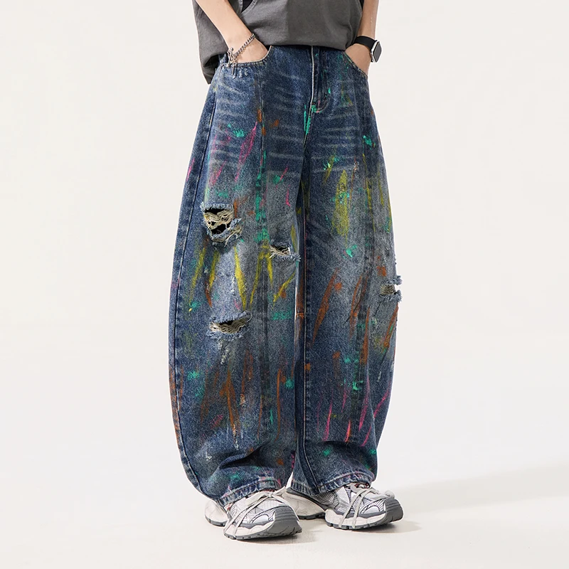

Men Streetwear Hip Hop Loose Casual Broken Denim Wide Leg Baggy Jeans Pants Cityboy Jeans Trousers Paint Graffiti Ripped Jeans