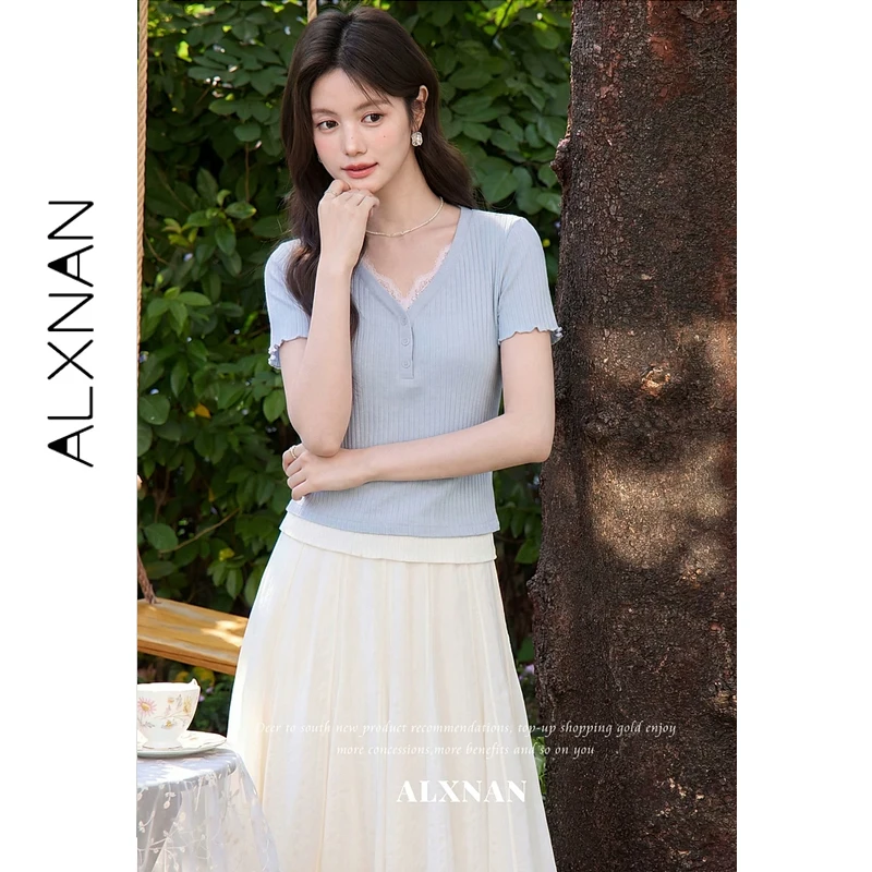 

ALXNAN V-neck Lace Trim Blue T-shirt Women Summer New Short Sleeve Tops Casual Elegant Fashion Summer Female T-shirts L63612A