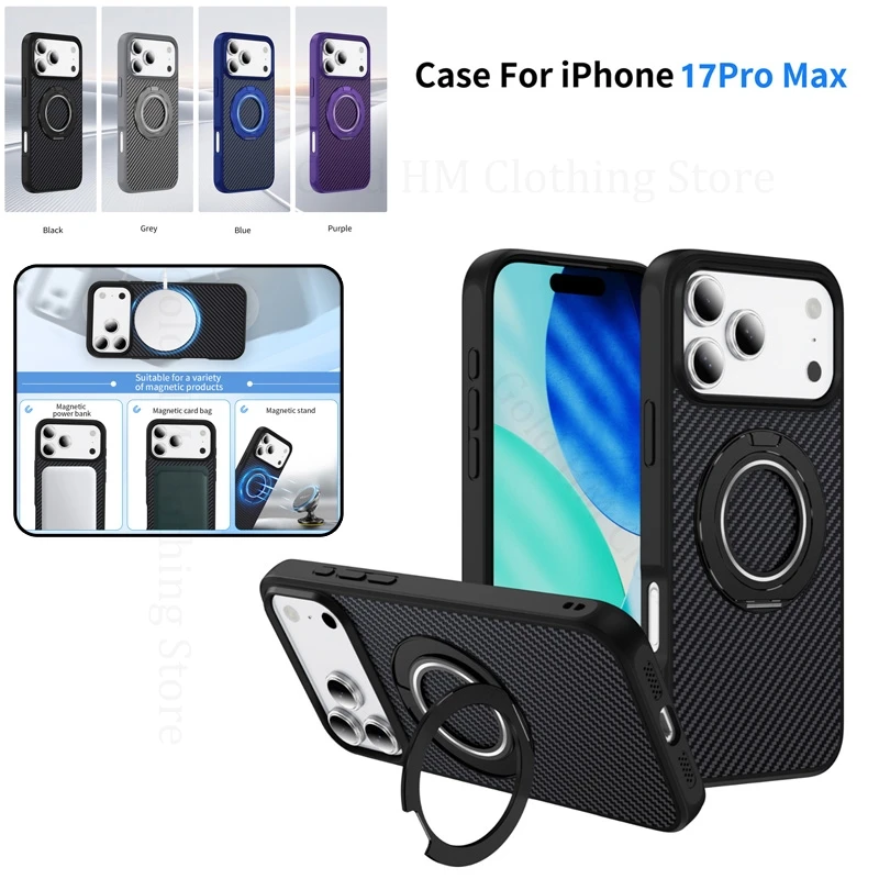 

Carbon Fiber For Magsafe Phone Kickstand Case For iPhone 17 16 15 Pro Max Ring Holder Stand Magnetic Cover For Apple 17 Air 16 E