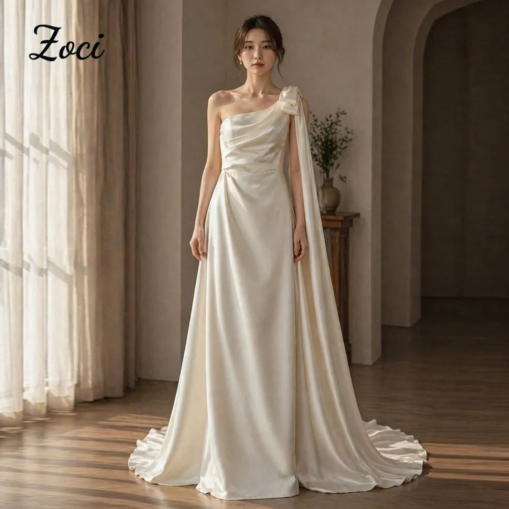 Zoci White Simple  Wedding Dresses Korea Photo Shoot Long Sleeves One Shoulder Satin Bridal Gowns Corset Back Customized