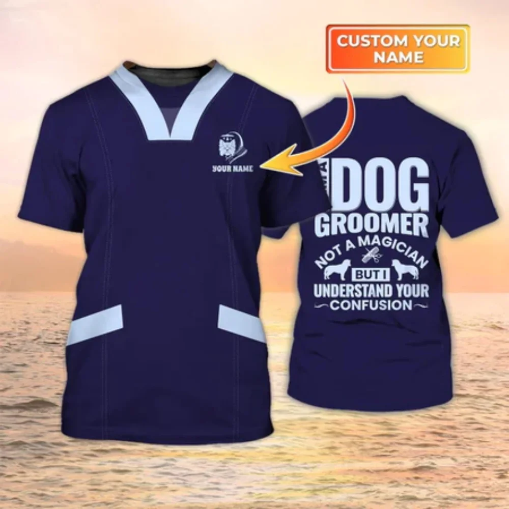 Dog Groomer Customized Name Uniform T Shirt Loose O-neck Plus Size Unisex Clothing Workwear Tee Pet Grooming Casual Pullover