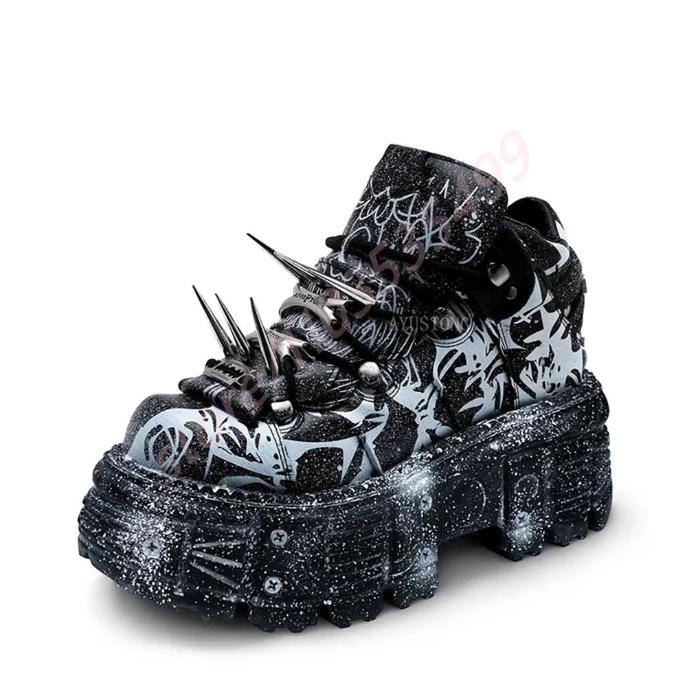 Punk Rock Metal Rivet Motorcycle Boots 2025 New Fashion Platform Round Sports Casual Ankle Boots Mixed Color Print Short Boots