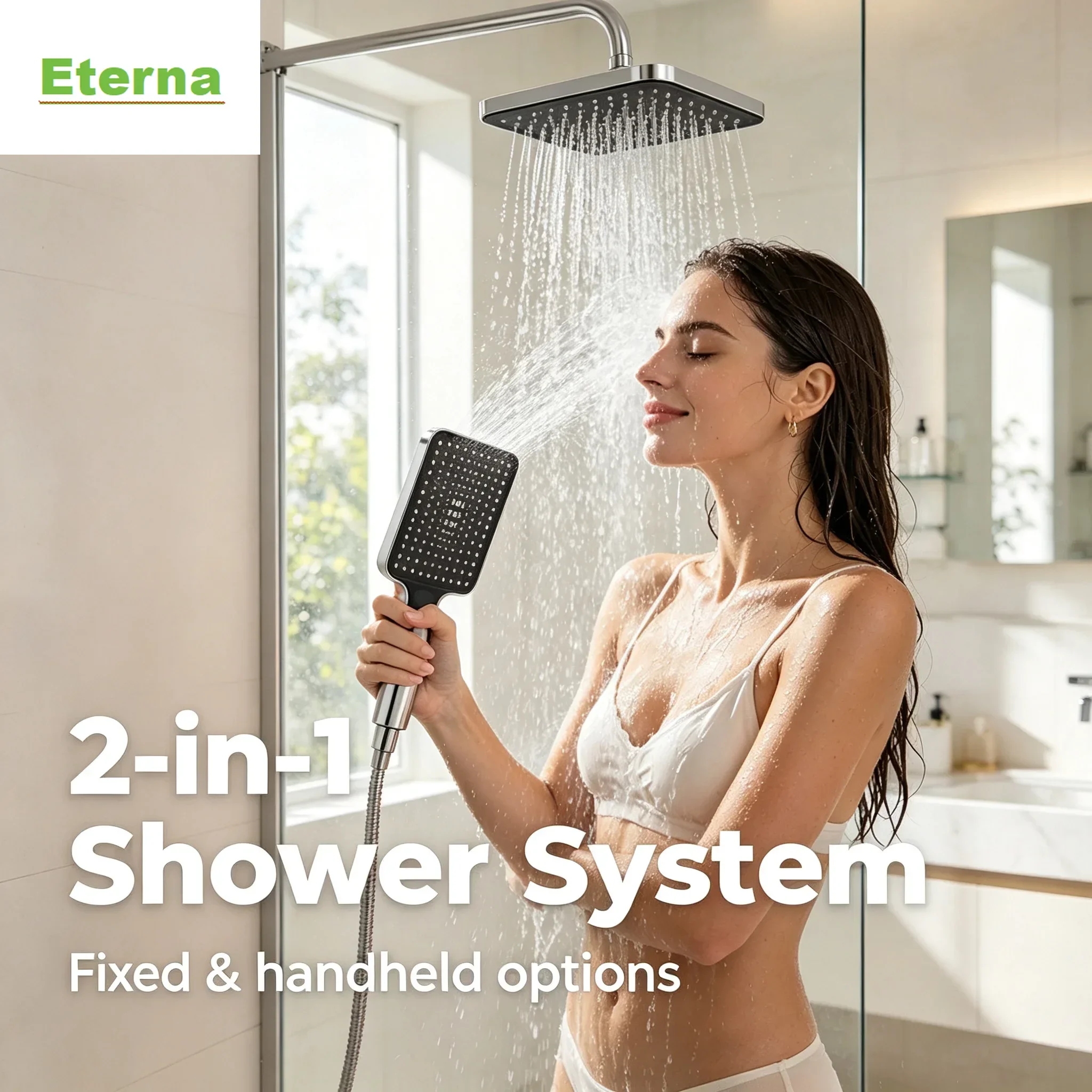 Modern Luxury Powerful Rainfall Shower System 11.81 Inch Square Top Shower Head High Pressure Handheld Sprayer 3 Water Modes
