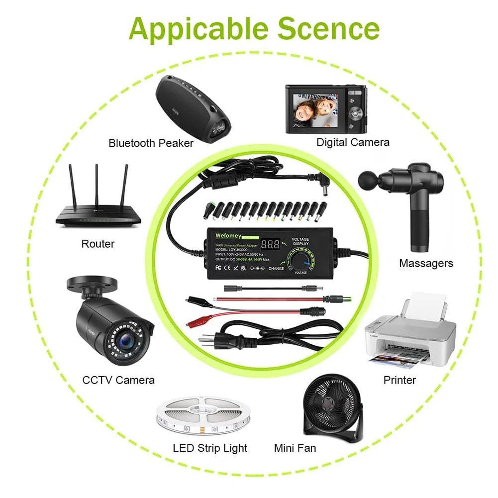 LSJD Universele Voeding 3V-36V 4A 144W Verstelbare Variabele AC/DC Adapter Oplader, 100V-240V AC naar DC Converter US Plug