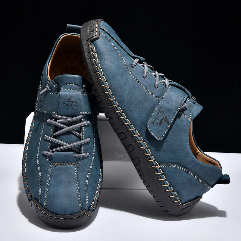 New all-season large-size short boots for men, hand-stitched leather shoes, casual cross-border men's slip-on shoes