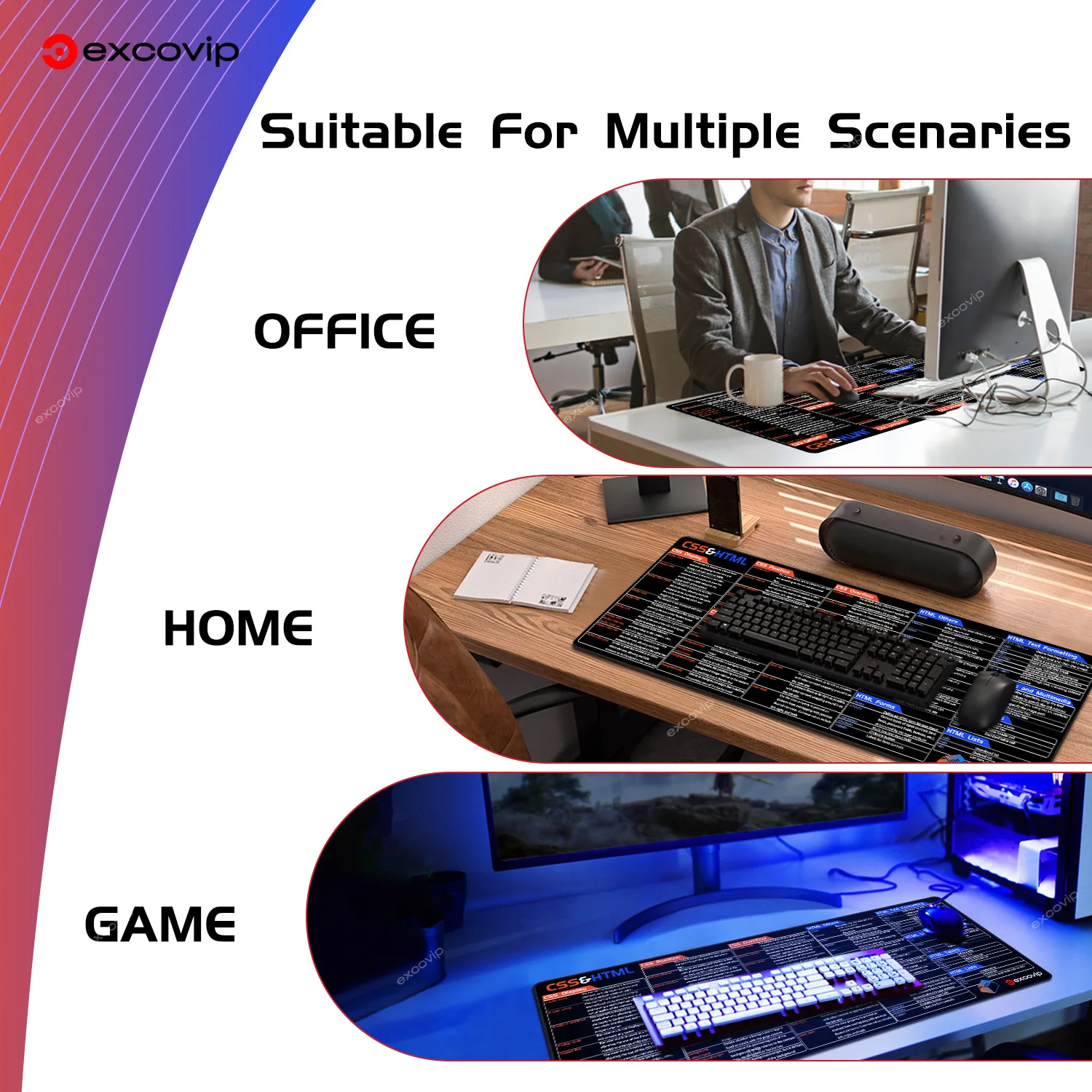 EXCO CSS HTML Programming Mouse Pad Large Web Engineer Shortcuts Cheat Sheet Keyboard Mousepad Desk Mat Stitched Edge Non-Slip