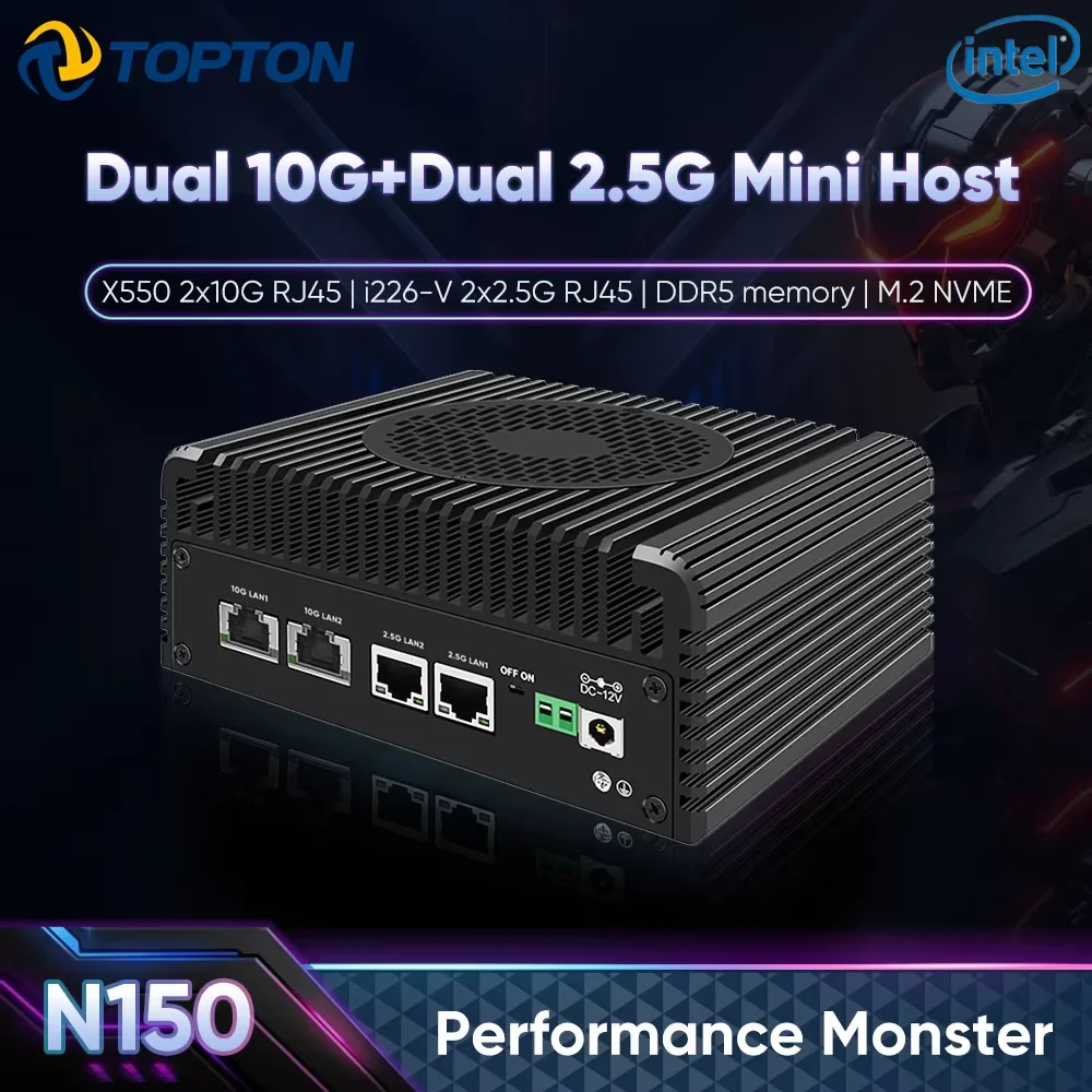 Topton Solid Metal Firewall PC Intel i3-N305 N150 4 NICs 2*10G 2*2.5G RJ45 LANs DDR5 2*NVMe NAS Mini PC Proxmox ESXi Home Server