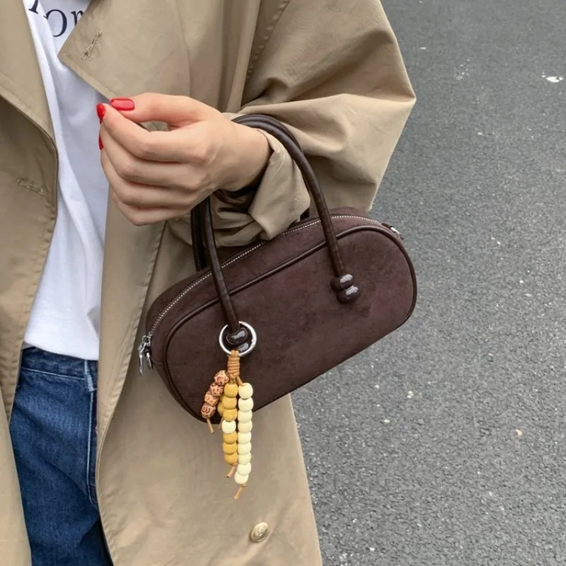 Women's Mini Suede Boston Handbag with Bead Tassel , Casual Crossbody Bag for Daily Office, Streetwear, Weekend Travel & Errands