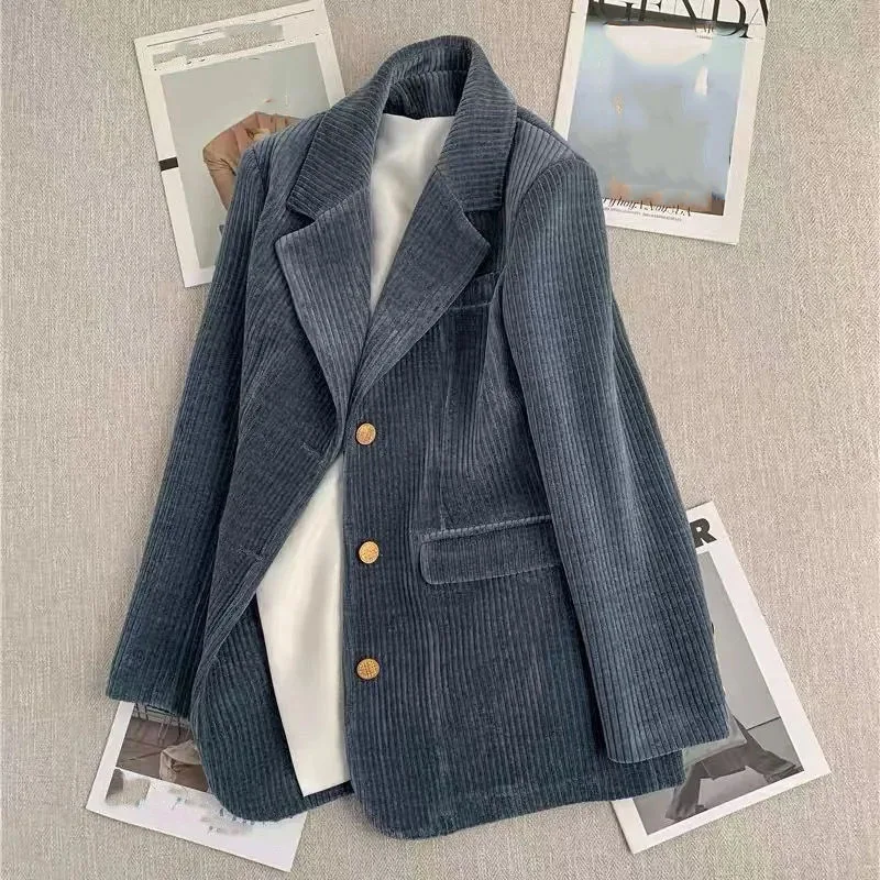 Women Corduroy Blazer Coat New Spring Autumn Long Sleeve Single-breasted Elegant Office Waist Casual Ladies Suit Coat Female Top
