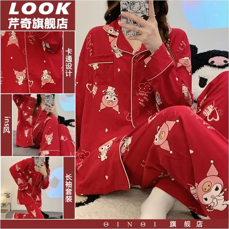 Sanrio Hello Kitty Kuromi Sweet Casual Pyjama Set for Women Spring Autumn Oversize New Matching Pajamas Cute Clothes Xmas Gifts