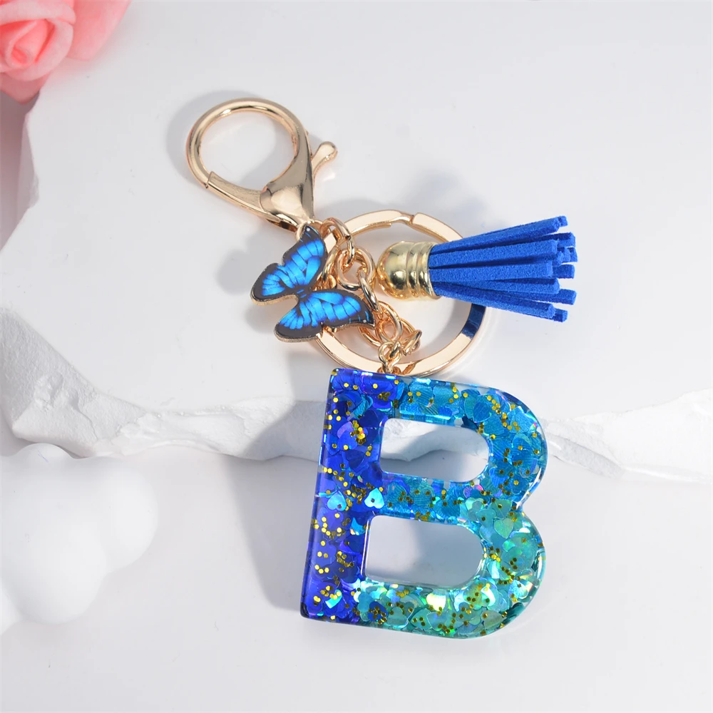 Sea Blue A To Z 26 Letter Keychain Women Wallet Charms 26 Initials Alphabet Butterfly Tassel Pendant With Key Rings Jewelry Gift