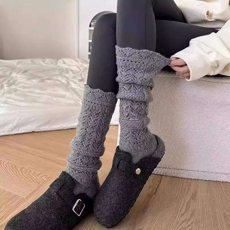 Relief-Hohlstrick-Wollwadensocken für Damen – Warme, robuste, lange Retro-Stricksocken in Grau für Herbst und Winter – Schweißabsorbierend