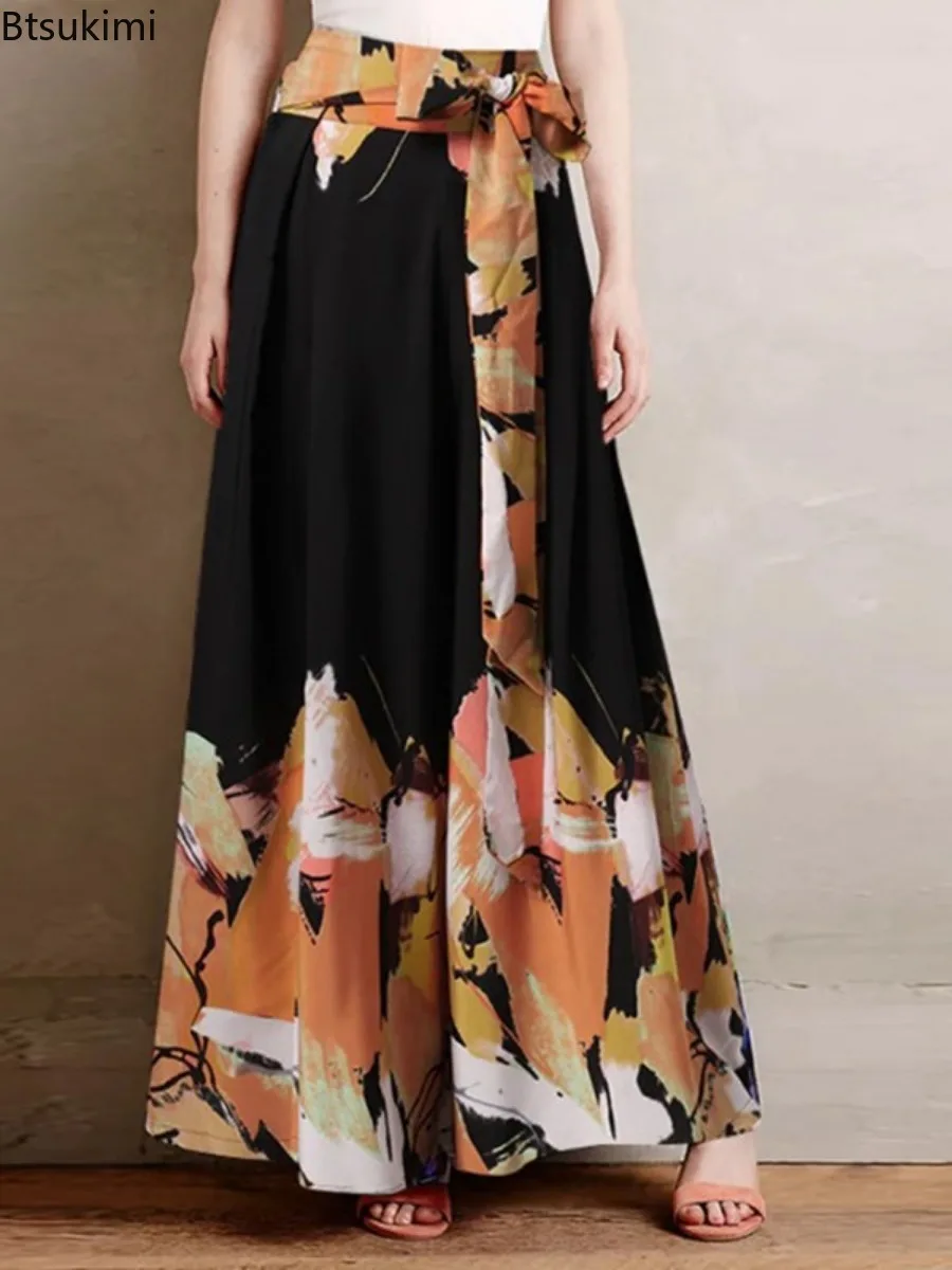 Etnische stijl dames print casual broek mode vintage hoge taille vetersluiting losse wijde pijpen broek zomer elegante dames lange broek