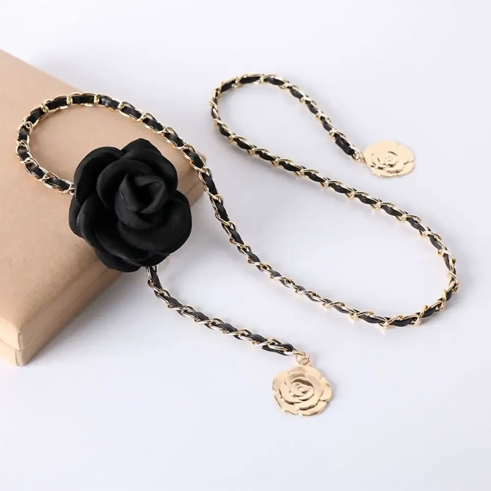 

1PC Women's Fashion Camellia Waist Chain Flower Leather Metal Chain Waist Belt Versatile Decoration Pants Chain