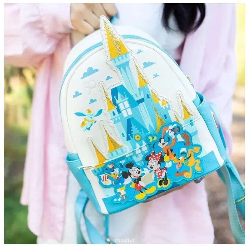 In Stock Loungefly Disney 50th Anniversary Kawaii Backpacks Mini Castle Mickey Friends Rucksack Leather Woman\'s School Bags Gift