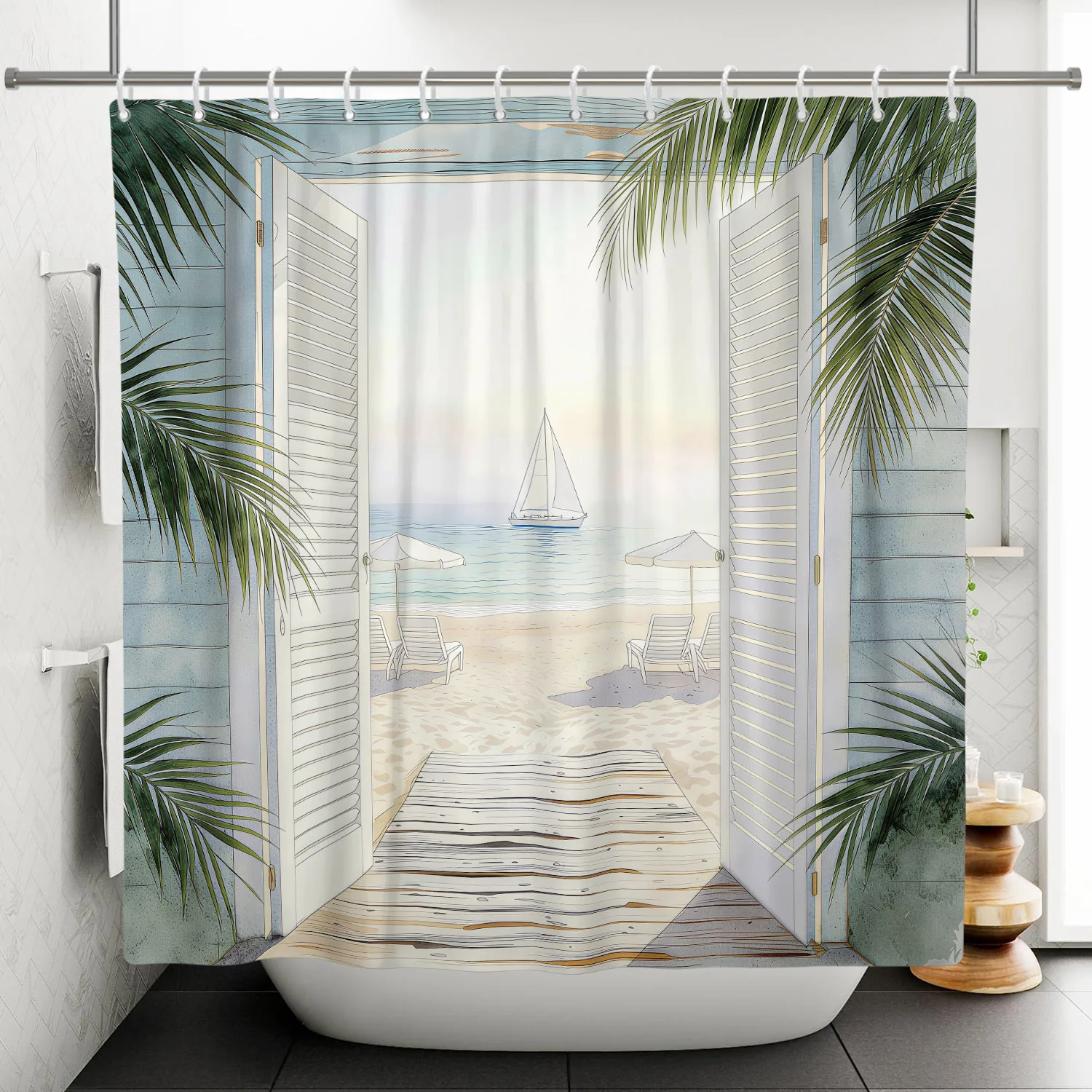 

Водонепроницаемая занавеска для душа с панорамным видом на пляж, пальмы и парусник, полиэстер, с крючками, для декора ванной комнаты