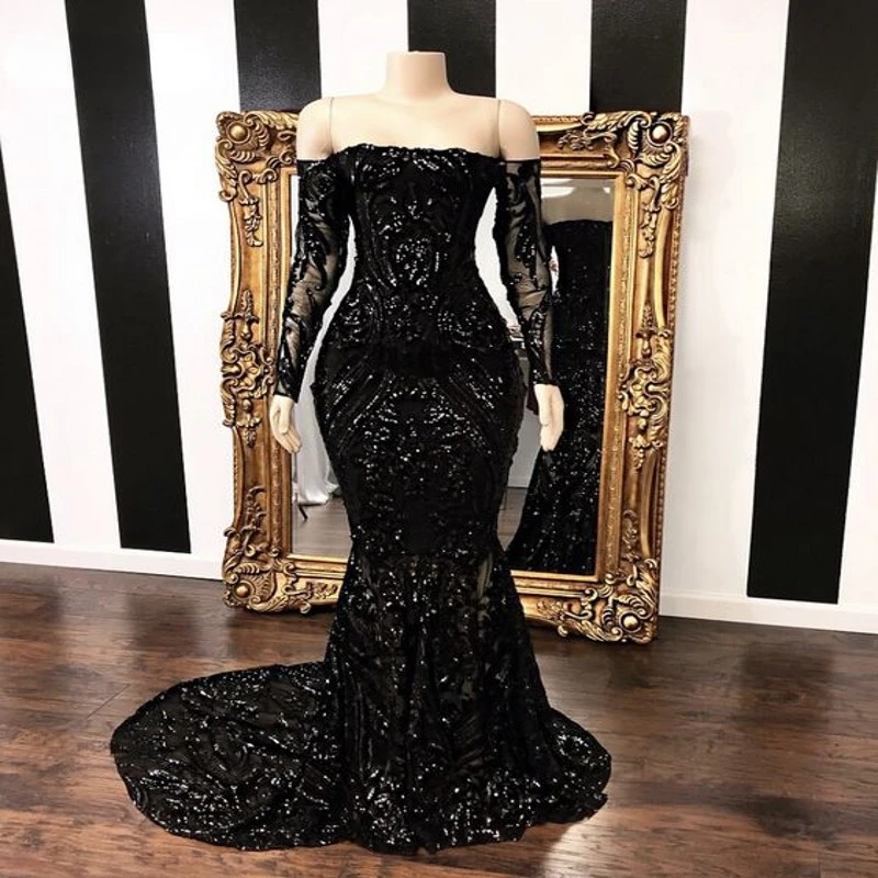 

Off Shoulder Mermaid Prom Dresses Black 2022 Long Sleeve Sequined Sparkle Elegant Formal Evening Gowns Plus Size