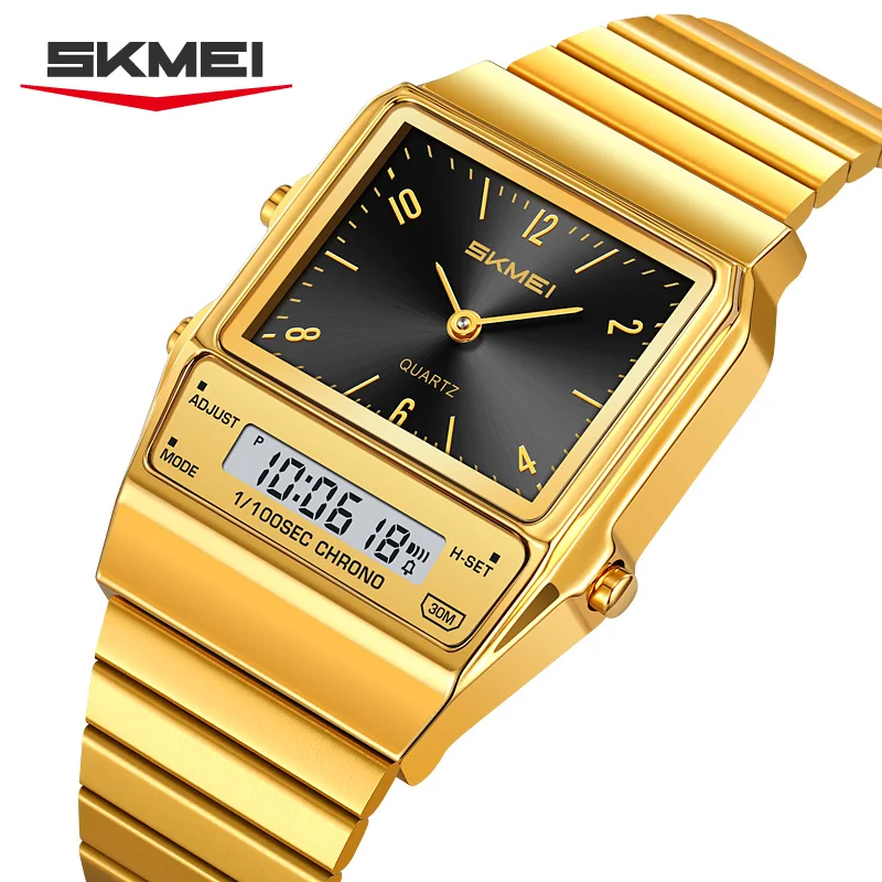 

SKMEI 2632 Watches Luxury Dual Display Watch for Men Waterproof Stainless Steel Strap Chrono Mens Wristwatches Shockproof Quartz