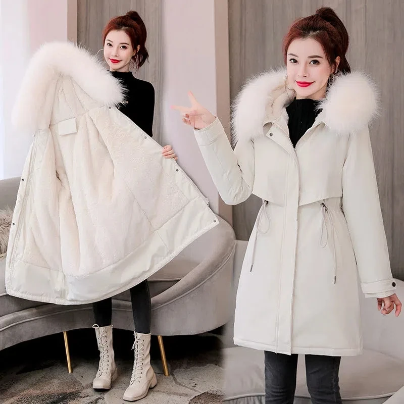 

Winter Jacket Women Parka Fur Collar Long Coat Wool Liner Hooded Jacket Thick Warm Snow Wear Padded Parka Clothes JJ359