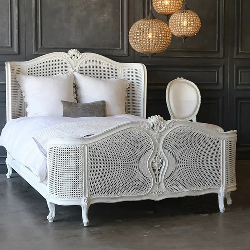 American French solid wood carved wedding bed, retro old white rattan bed