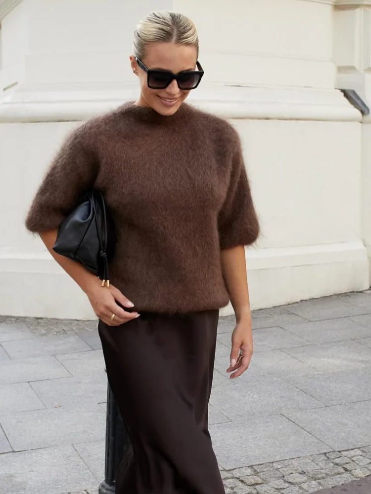 

Causal Chic Long Fuzz Sweater Lady Fashion Elegant Round Neck Solid Short Sleeves Sweaters Women Autumn Daily Commute Pullovers