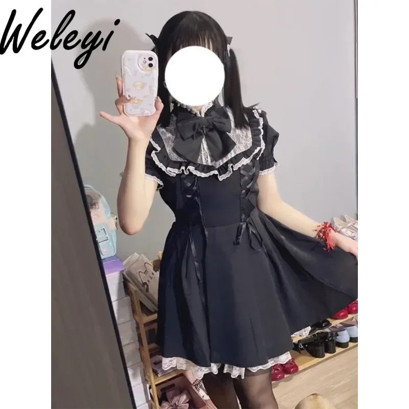 

Black Mine Japanese Sweet Lolita Dress Ropa Mujer 2024 Spring and Summer Cute Ribbon Bow Short Sleeve Rojita A Line Lace Dresses