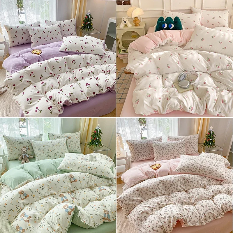 4PCS Pink Flowers Duvet Cover Set Ins Fashion Single Queen Size Girls Boys Flat Sheet Pillowcase No Filler Home Decor BeddingSet