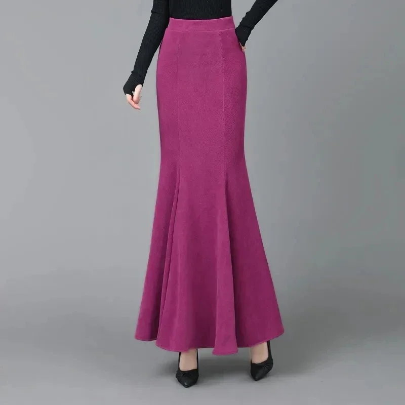 Autumn Winter Thick Patchwork Mermaid Trumpet Chenille Maxi Long Skirts Black Rosy Red Green Velvet Ankle Length Skirts