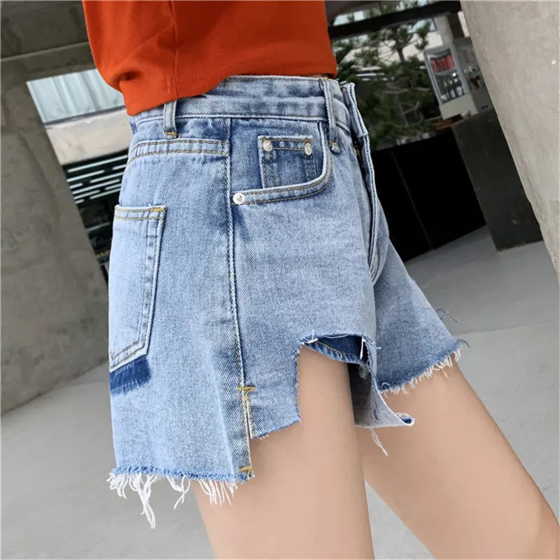 Women Fresh Low-waist Hot Stylish Irregular Solid Fur-trimmed Jeans Simple Loose Denim All Match Casual New Summer Blue Shorts