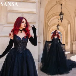 Sansa Black Long Sweep Train فساتين السهرة Gothic Bead Tops A-line Vestidos De Noche Sexy Strapless Prom Dresses 2024 With Glove