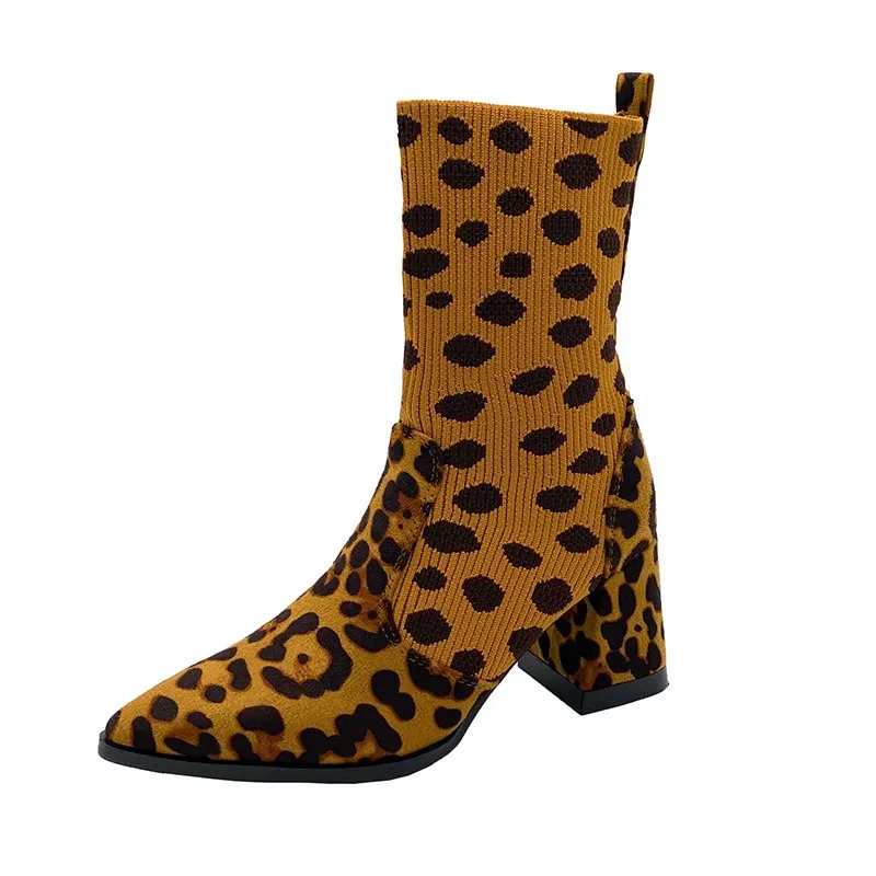 Botas Chelsea de plataforma plana para mujer, zuecos de tacón alto, medias de leopardo a media pantorrilla, otoño, 2024