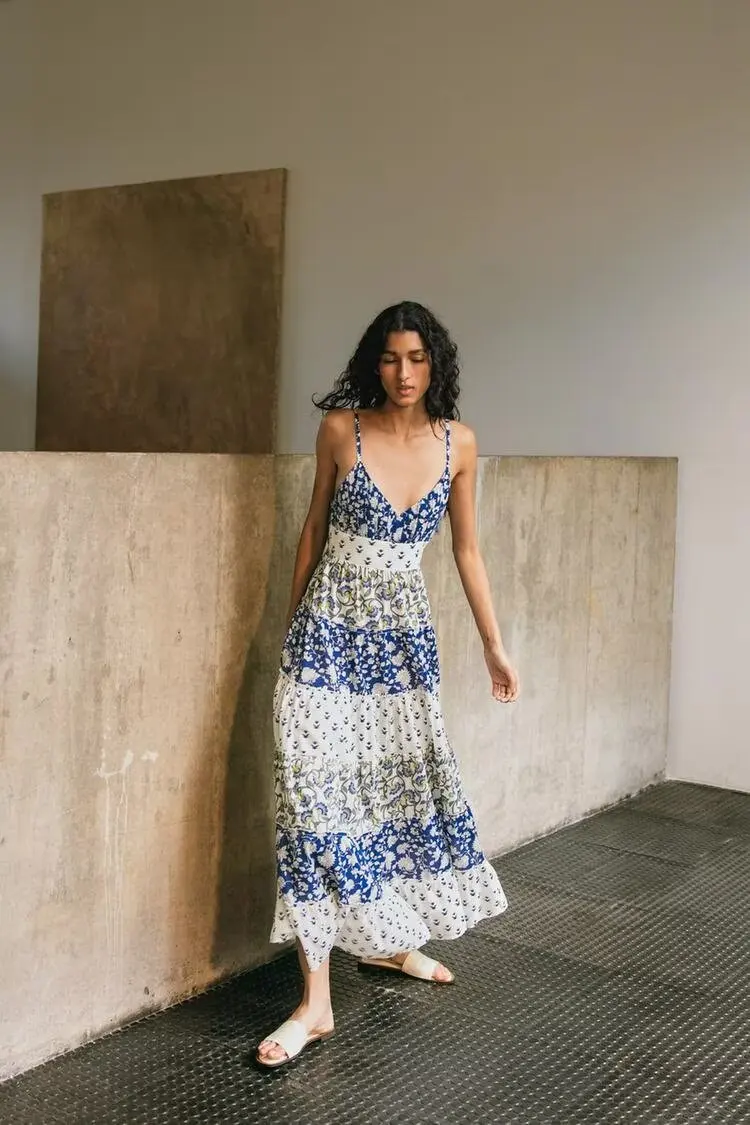 

YY6524 ZA25 Summer New Women's Casual Patchwork Printed Layered Splicing Strap Long Skirt Midi Dress 5770221
