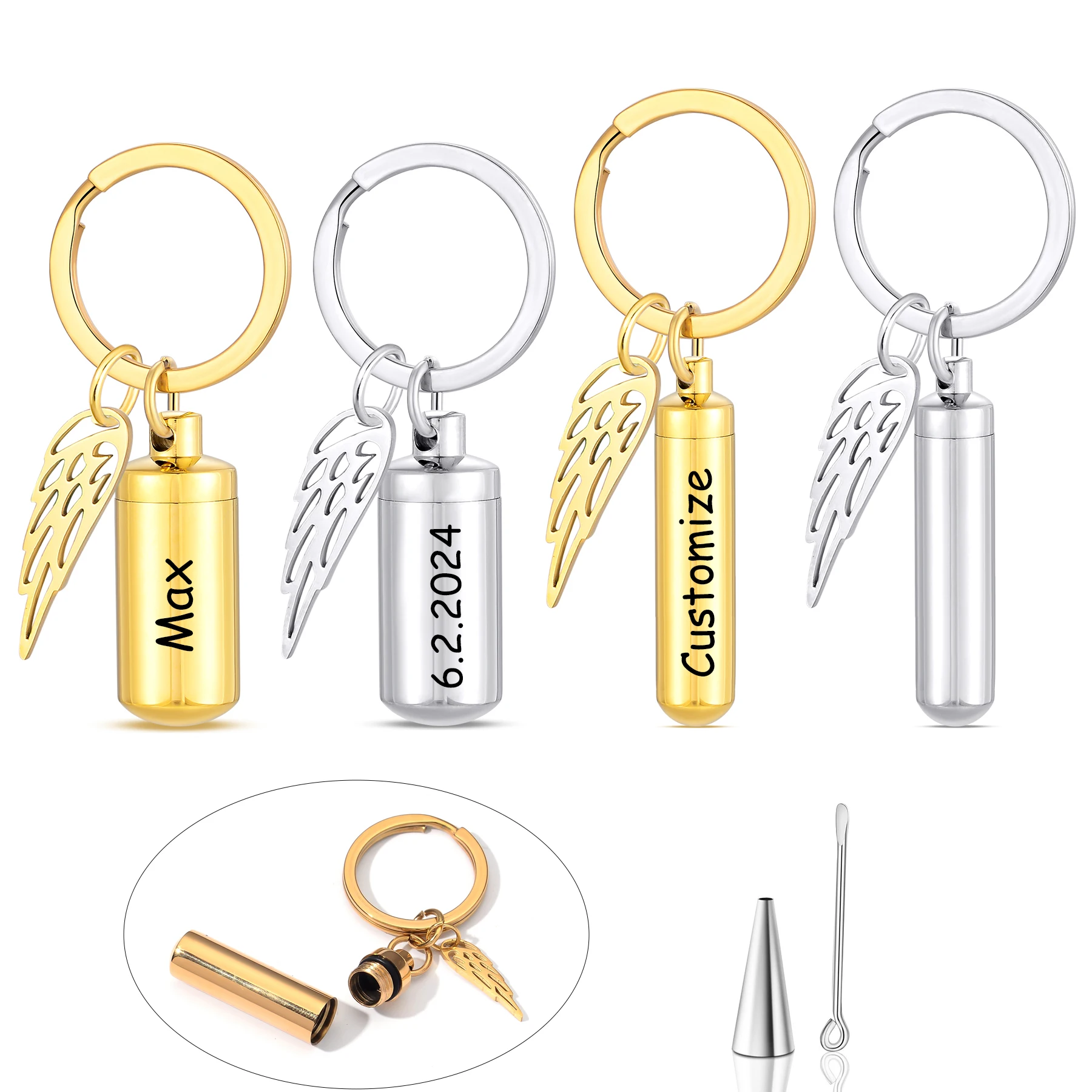 Cylinder Cremation Keychain Urn Penant with Wing Charm for Human/Pet Cat Dog Ashes Holder Memorial Gifts Engraved Name Date