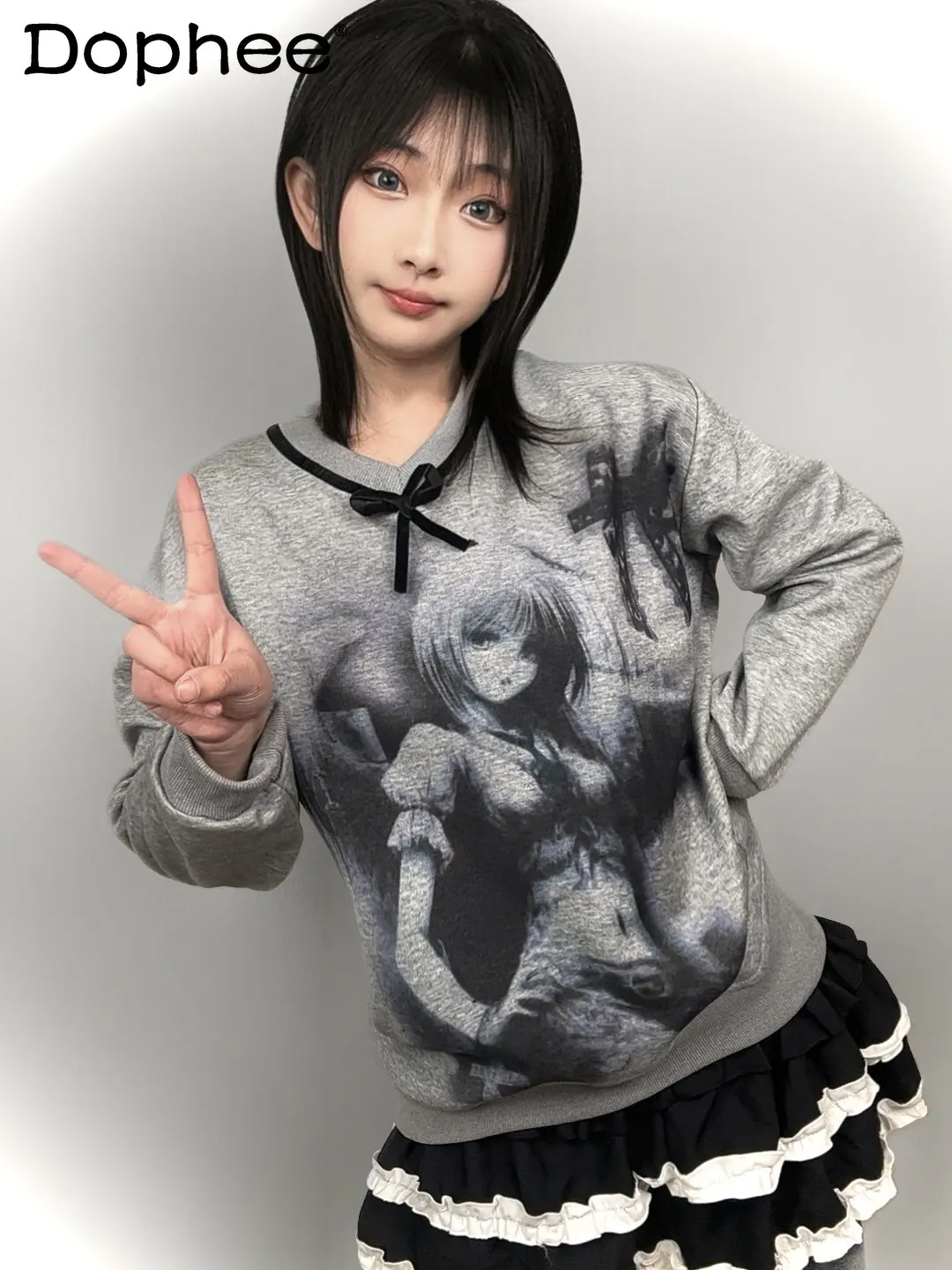 

Japanese Original Y2K Subculture V-Neck Bow Gray Long Sleeve Sweatshirt Sweet Cool Girl Anime Pullover 2026 Spring New