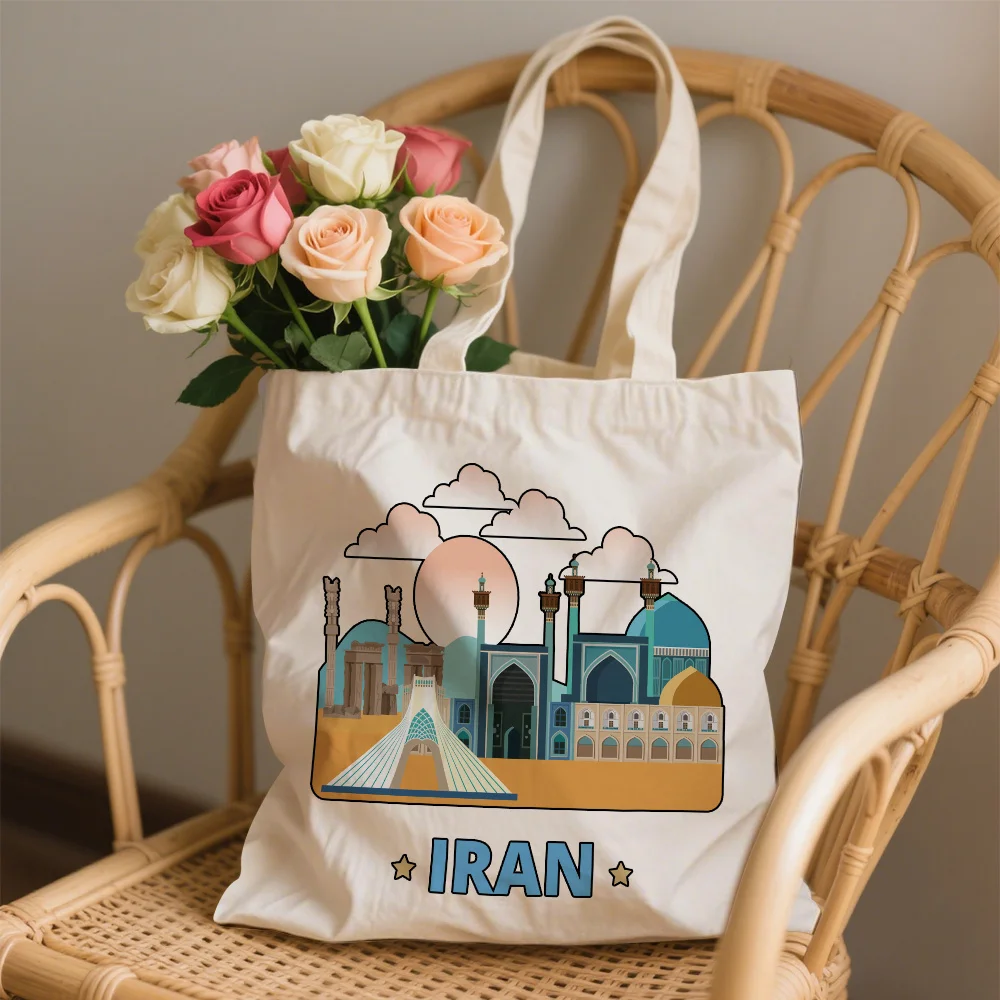 Iranian landscape patterns, hand-painted style prints, casual canvas tote bags, durable shoulder bags, large-capacity handbags