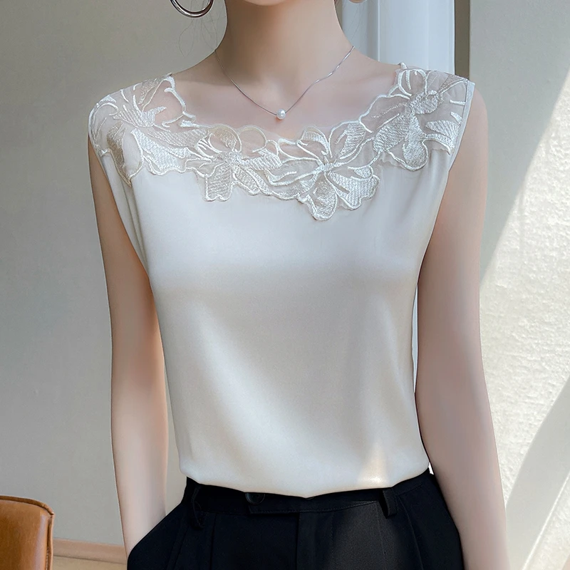 Women\'s Silk Camisole, Sleeveless Vest Top, Casual Wear, Satin Bottoming Shirt, New Lace, O-Neck, Large Size, Spring and Summer