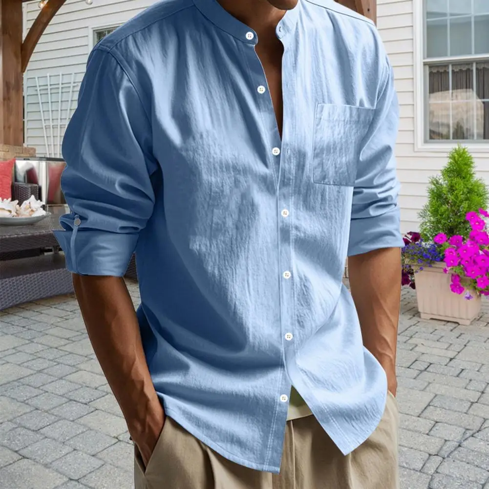 Cotton Linen Shirt for Men Neck Solid Color Lightweight Breathable Slim Fit Single Breasted Shirt Long Sleeve Button Up