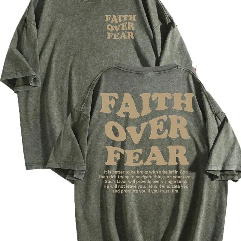 

Faith Over Fear leisure T-shirt vintage washed street interlocking letters cotton T-shirt men's T-shirt made from old black wind