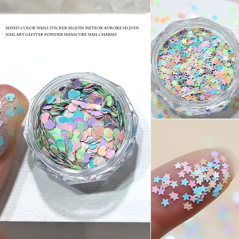 1Jar Mini Mixed Sparkling Love Star Foil Flakes Nail Sequins Nail Art Decoration Manicure Tips Charms For Women Girls DIY