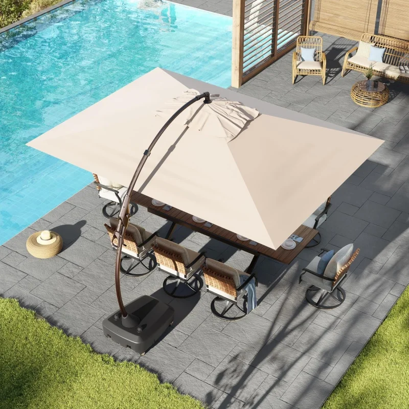 

10x13 FT Champagne Cantilever, Large Aluminum Rectangle Offset with Base, Heavy Duty Outdoor Shade Pool, Garden
