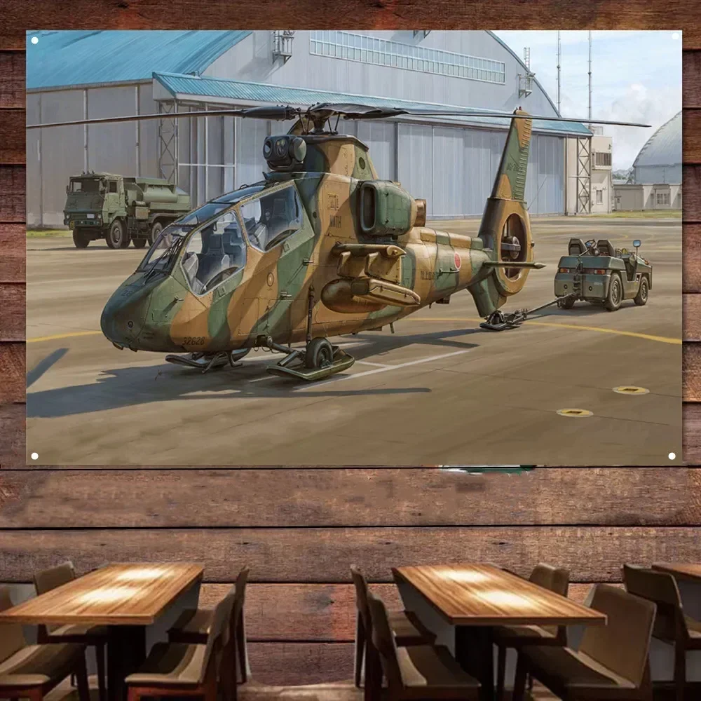 JGSDF Observation OH-1 Helicopter Wall Flag, Air Force Wall Art Poster Artwork Banner With 4 Metal Ring Buckles Ready to Hang