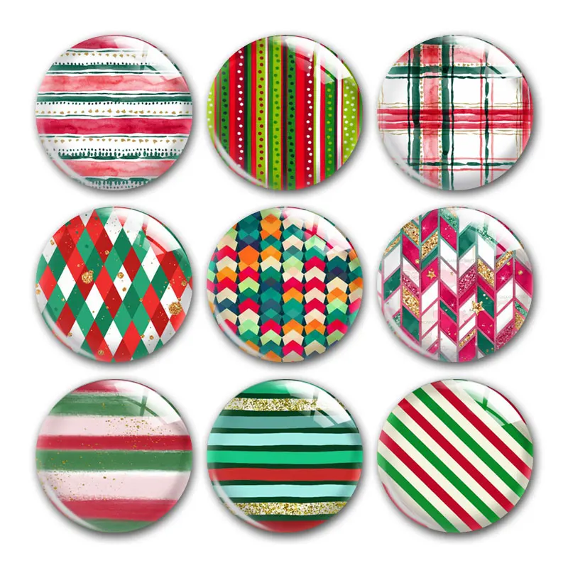 

Merry Christmas Green Red Geometric Patterns Round Photo Glass Cabochon Demo Flat Back DIY Jewelry Making Supplies Snap Button