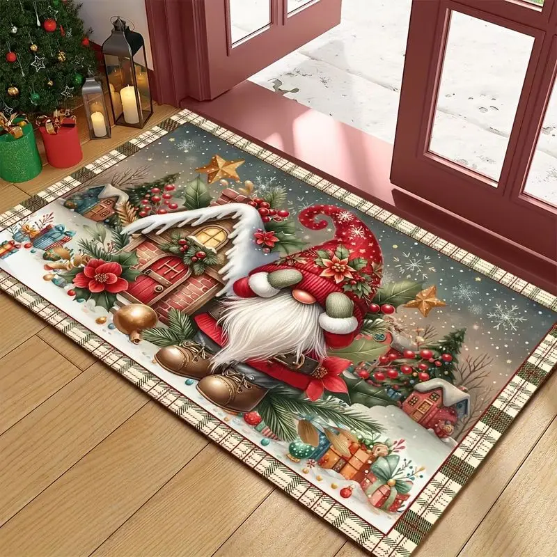 VIKAMA Christmas Gnome Doormat Plaid Border Cottage Tree Star Gift, Rectangular Front Door Mat, Non Slip Absorbent, Xmas Decor