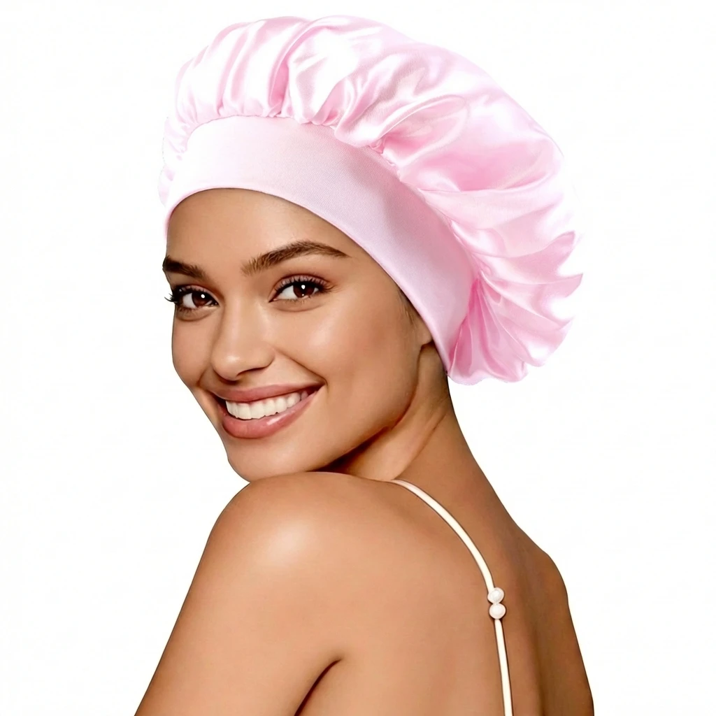 Neue Damen-Schlafmütze aus Satin in Uni-Farbe, atmungsaktiv und weich, Schlaf-Turban-Mütze für lockiges Haar. – Detail 5