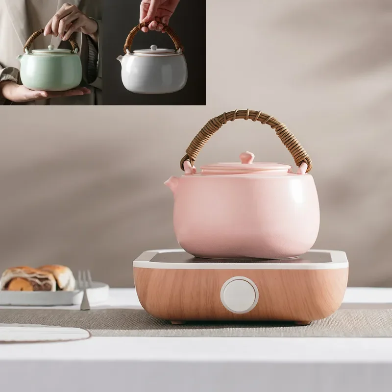 Handmade Rattan Electric Ceramic Kettle White Glaze Teapot Boiling Pot Cyan Lifting Beam Tea Warmer Gift Box Home Decor Cyan