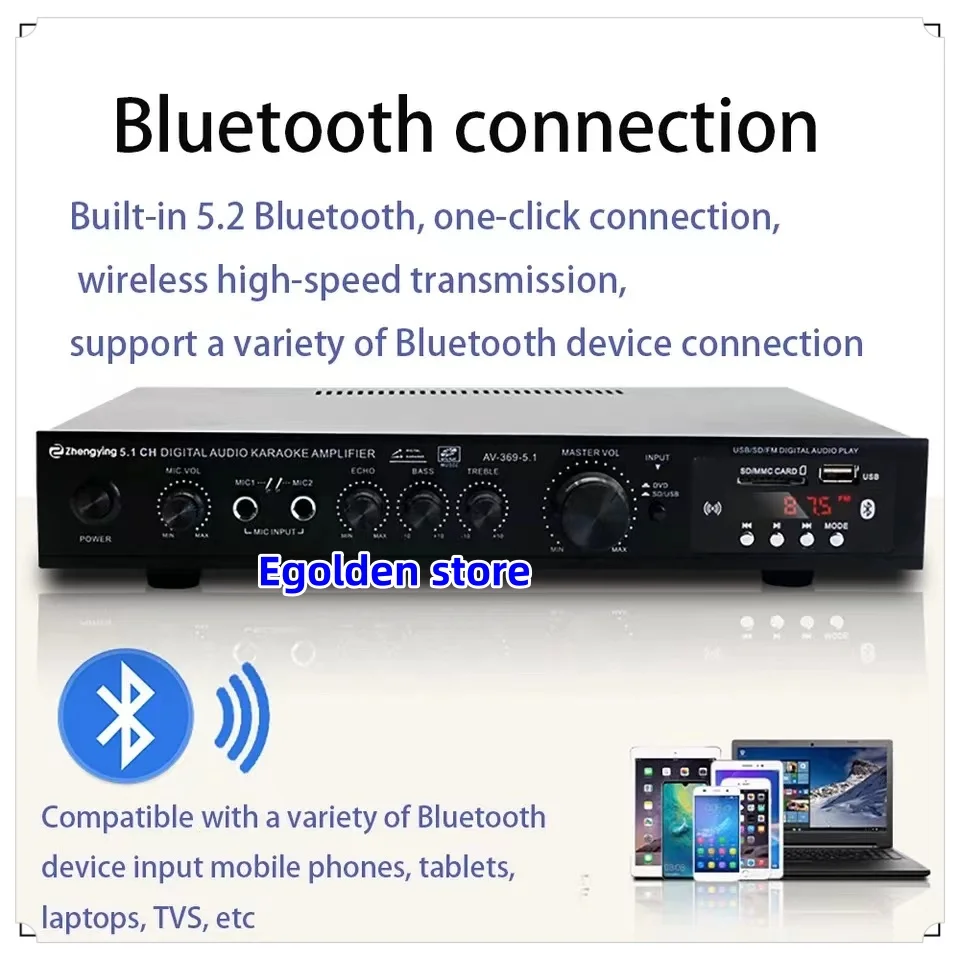 AV-369BT Bluetooth 5.1 Sound Speaker AMP,Stereo Audio Amplifier Receiver, 6 Channel Home Theater Audio Stereo System Components