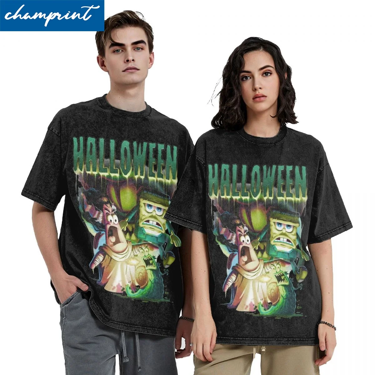 

Spongebob Vintage Washed T-Shirt for Men Women Halloween Monster Group Cotton Tee Shirt O Neck T Shirts Gift Idea Clothes