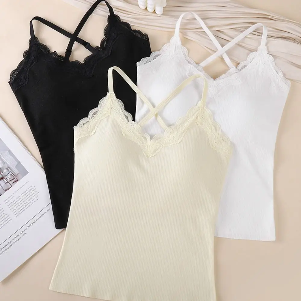 Sous-vêtement thermique en dentelle Simple pour femmes, tricot en velours, Slim Fit, Camisole thermique d'hiver, col en V, gilet sans manches, haut chaud pour femme