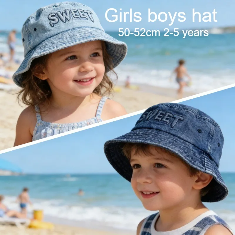 

Детская винтажная джинсовая панама для путешествий, 50-52 см, для детей 2-5 лет, с вышивкой, стильная, для мальчиков и девочек